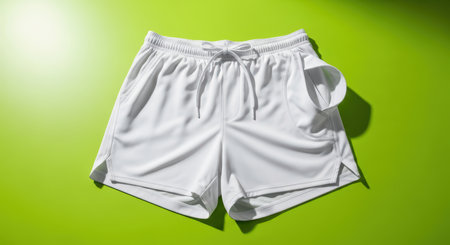 White athletic shorts on vibrant green background with drawstring detailの素材