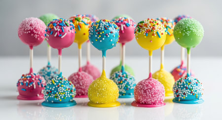 Colorful cake pops with sprinkles on sticks against light backgroundの素材