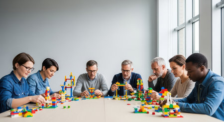 Diverse group of adults engaged in creative team-building activity with building blocksの素材
