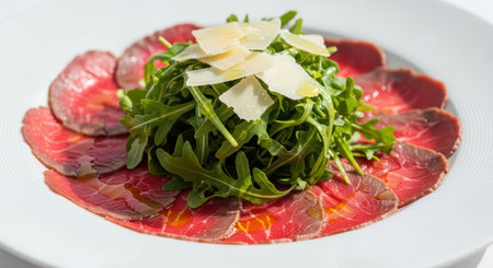 Delicious beef carpaccio with arugula and parmesan on a white plateの素材