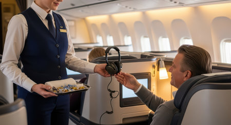 Business class flight experience: male passenger receives headphones from female flight attendantの素材
