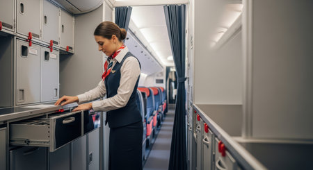 Female flight attendant in uniform organizing airplane cabin storageの素材