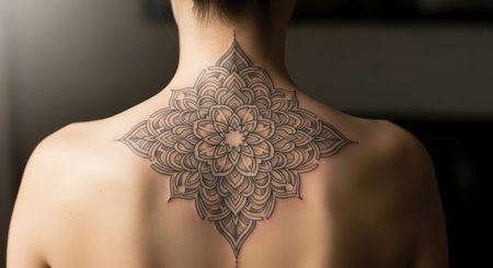 Intricate mandala tattoo on female's backの素材