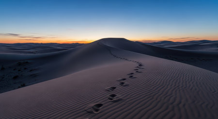 Footprints in desert sand at sunrise over rolling dunesの素材