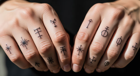 Unique symbol tattoos on caucasian female fingers close-upの素材
