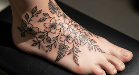 Floral tattoo design covering female foot with detailed petals and leavesの素材