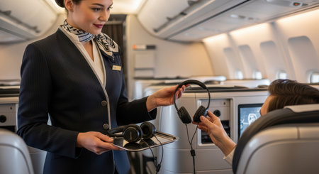 Caucasian female flight attendant assisting passenger with in-flight headphones in airplane cabinの素材