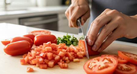 Hands chopping fresh tomatoes and herbs on cutting board for cookingの素材