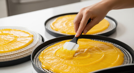Female hand spreading mango puree on dehydrator trays in kitchen settingの素材