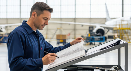 Caucasian male aircraft technician reviewing maintenance manual in hangarの素材