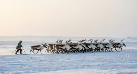 Herd of reindeer guided across snowy plains by person in winter landscapeの素材