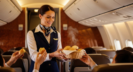 Female caucasian flight attendant serving passengers in airplane cabinの素材
