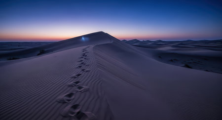 Footprints on serene desert dunes at dusk with vibrant twilight skyの素材
