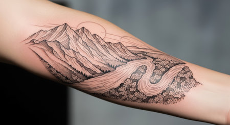 Mountain landscape tattoo on caucasian adult arm with river sceneの素材