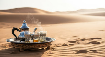 Traditional moroccan tea set in desert landscape with sand dunes at sunsetの素材
