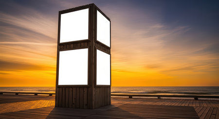 Sunset ocean view with empty wooden billboard on boardwalkの素材