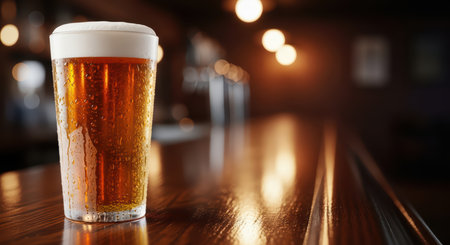 Frosted pint of amber beer on wooden bar counter in cozy pub settingの素材