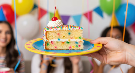 Celebration with confetti cake slice and diverse female friends at a colorful partyの素材
