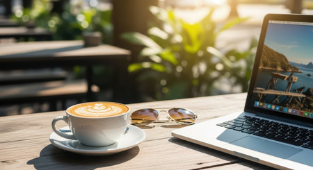 Cafe workspace with latte art and sunglasses on wooden table in outdoor settingの素材
