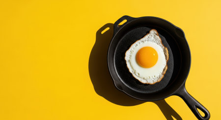 Fried egg in cast iron skillet on vibrant yellow backgroundの素材