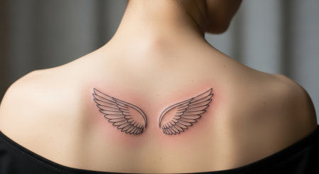 Young caucasian female with wing tattoo on back in minimalist designの素材