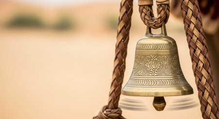 Ornate brass bell hanging from braided rope in desert settingの素材