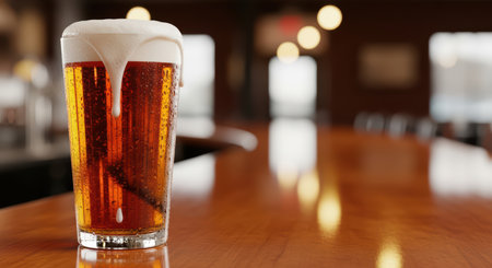 Refreshing amber beer with foam in cozy bar settingの素材
