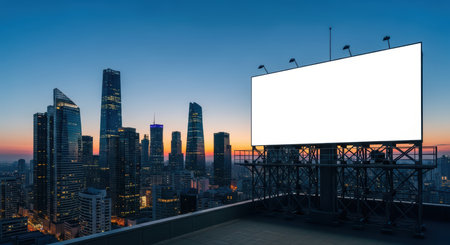 Rooftop blank billboard overlooking modern city skyline at duskの素材