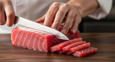 Hands slicing fresh tuna fillet with knife on wooden cutting boardの素材