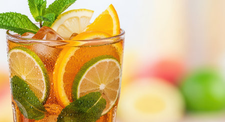 Refreshing iced tea with citrus slices and mint leaves in glassの素材