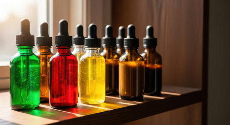 Colorful dropper bottles displayed on wooden shelf in sunlightの素材