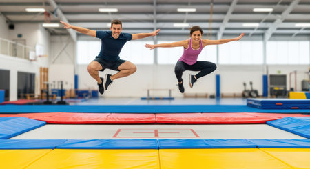 Young caucasian adults jumping on indoor trampoline with enthusiasmの素材