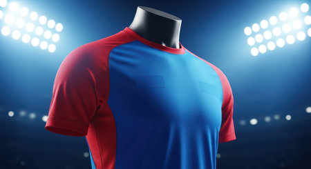 Blue and red soccer jersey on mannequin under stadium lightsの素材