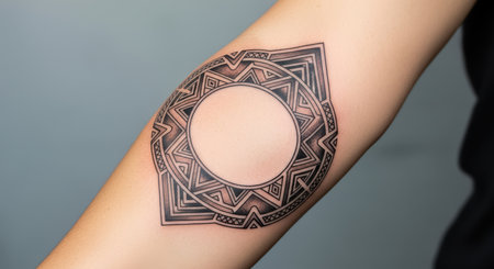 Geometric circle mandala tattoo on human arm with elaborate patternsの素材