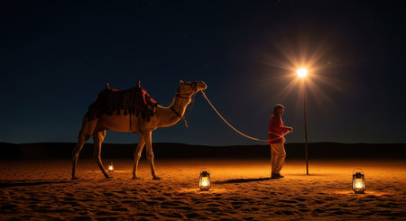 Male silhouette with camel under night sky in desert lantern lightの素材