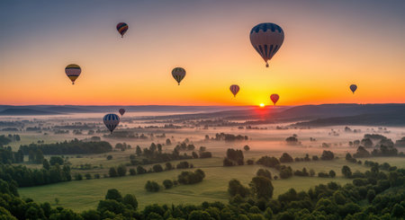 Colorful hot air balloons at sunrise over misty countryside landscapeの素材