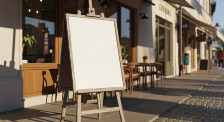 Blank easel on city street with outdoor cafe and shops in the backgroundの素材
