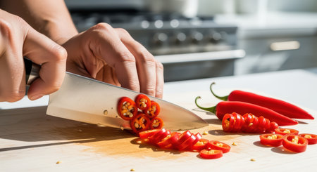 Slicing red chili peppers in bright kitchenの素材