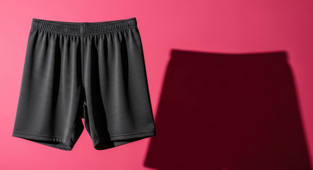 Black athletic shorts on pink background with dramatic shadowの素材