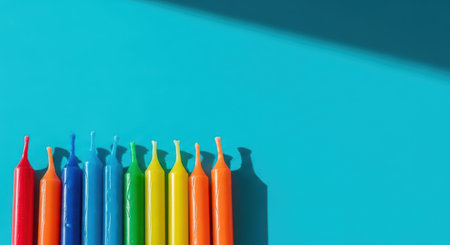 Colorful birthday candles in a row on vibrant blue backgroundの素材