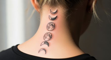 Female with moon phases tattoo on neckの素材