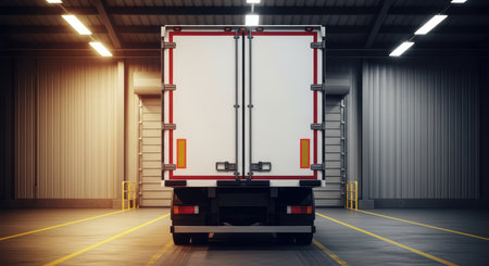 Rear view of cargo truck in industrial warehouse with closed loading doorsの素材