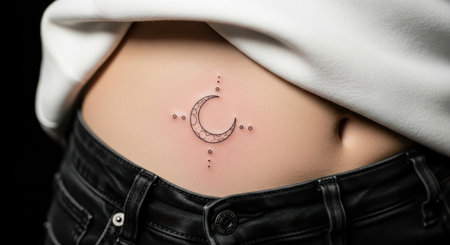 Crescent moon tattoo on female abdomen with dots and linesの素材
