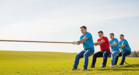 Team of young caucasian males competing in tug of war on sunny fieldの素材