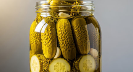 Close-up of pickles in a glass jar with garlic and dill on a neutral backgroundの素材