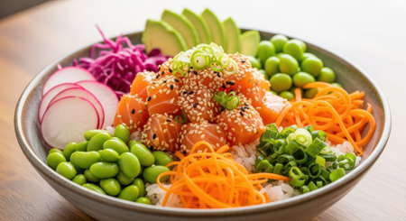 Vibrant salmon poke bowl with fresh vegetables and sesame seedsの素材