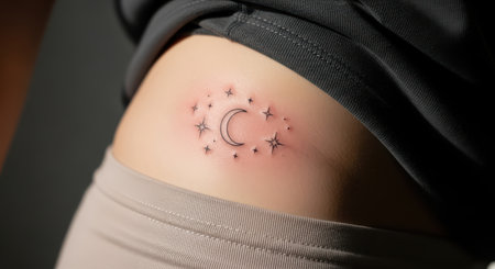 Minimalistic crescent moon tattoo with stars on skinの素材