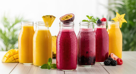 Colorful assorted fruit smoothies in glass bottles on a wooden tableの素材