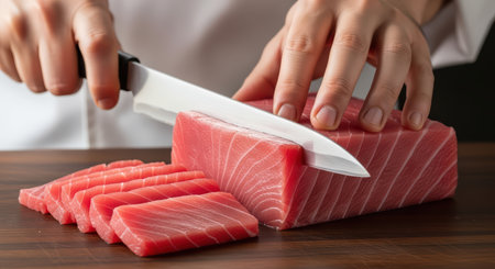 Precision slicing of fresh tuna by chef on wooden cutting boardの素材