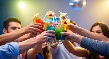 Group of friends celebrating with colorful cocktails at a partyの素材